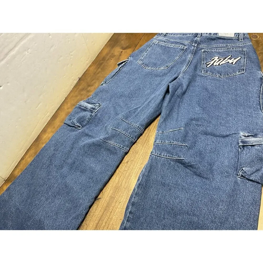 Forever 21 FUBU Denim Cargo Jeans Baggy Y2K Wide Leg Skater Womens Medium 28x31 - Picture 12 of 16